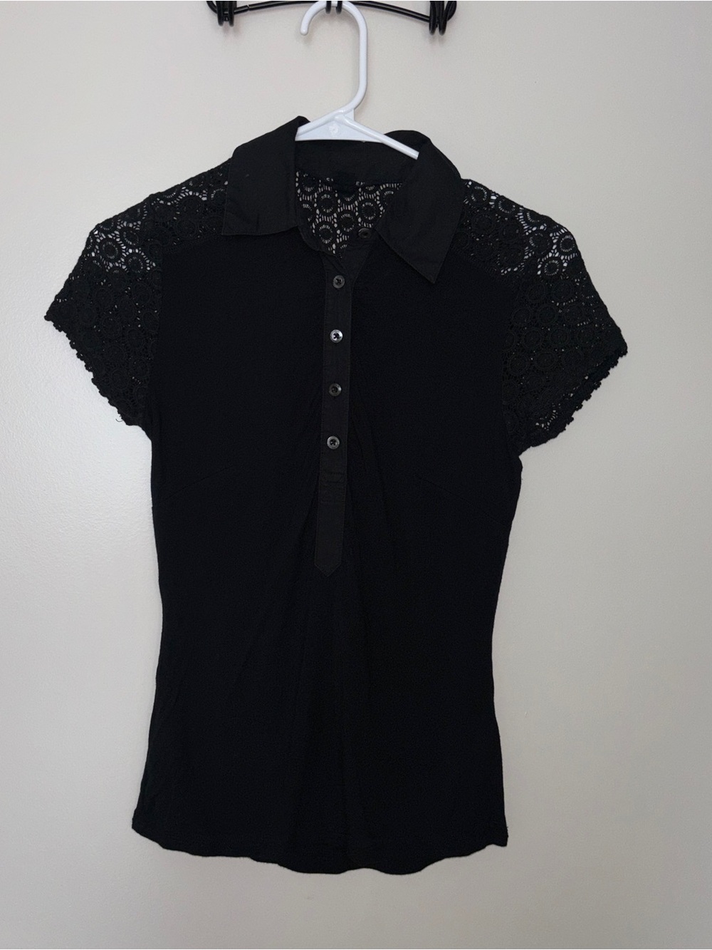 Karen Millen Viscose Black Lace-Sleeve Button Down Collared Top